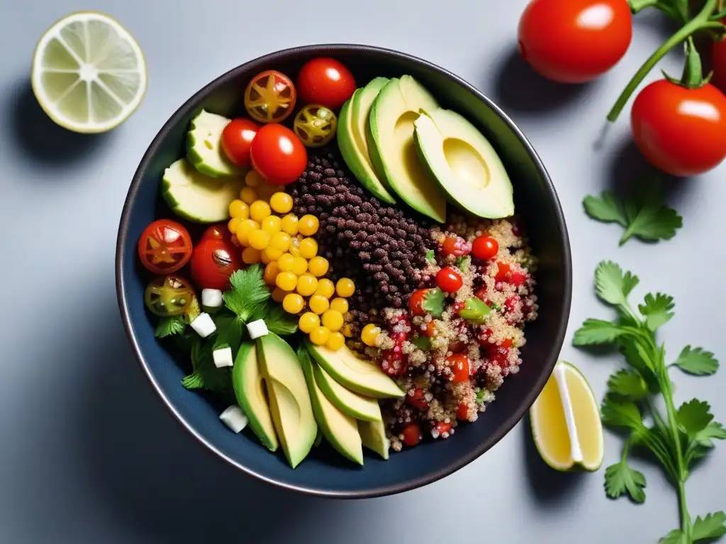 Ensalada de quinoa: frescura y color en cada bocado Una ensalada de quinoa vibrante y colorida con beneficios de la quinoa vegana