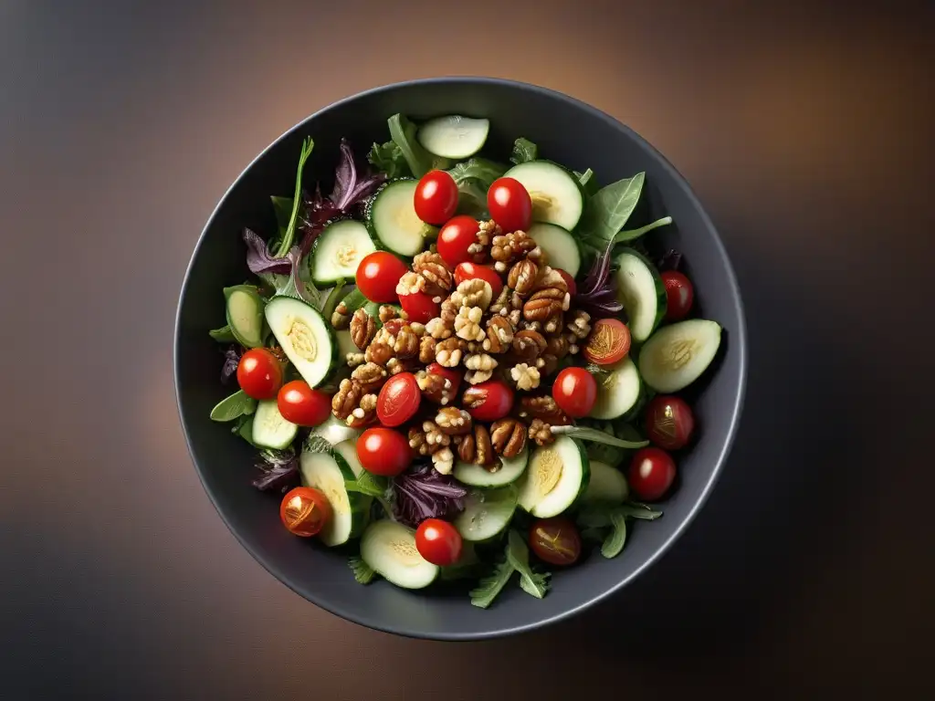 Una ensalada vibrante y colorida con verduras frescas y nueces crujientes