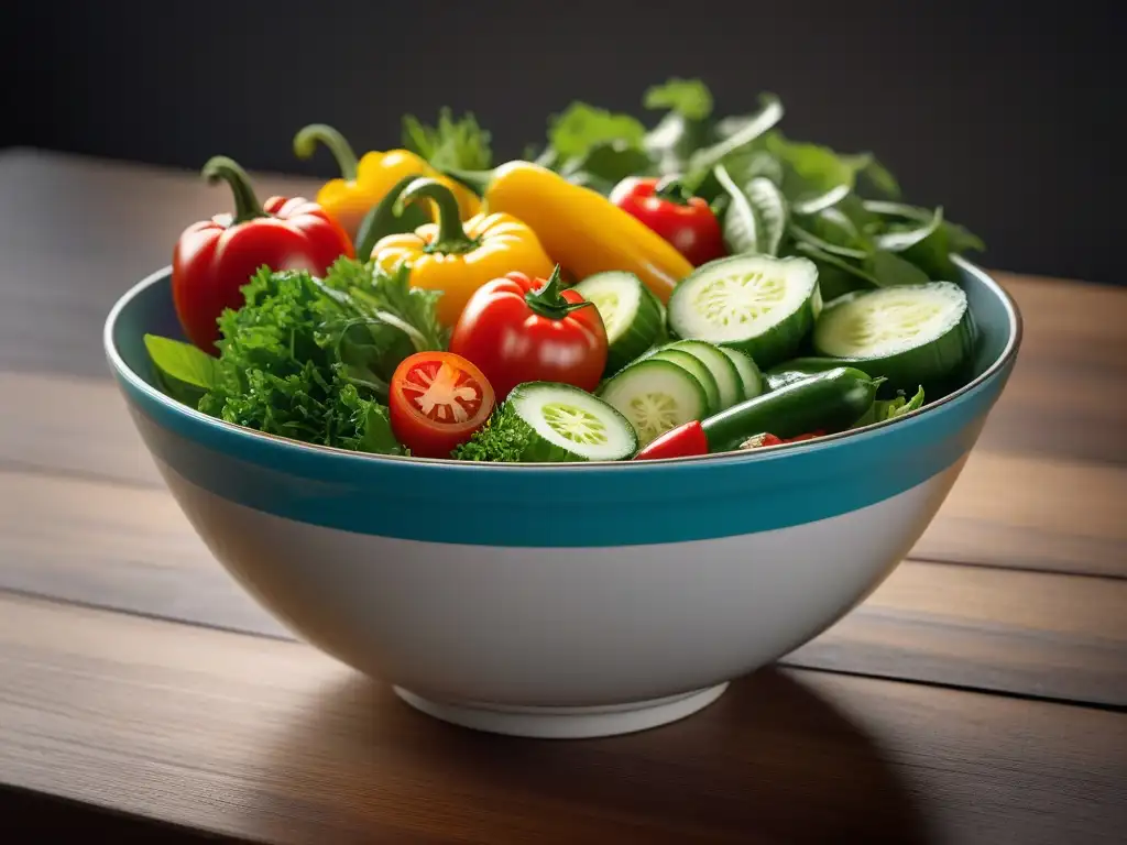 Una ensalada vibrante y fresca en mesa de madera