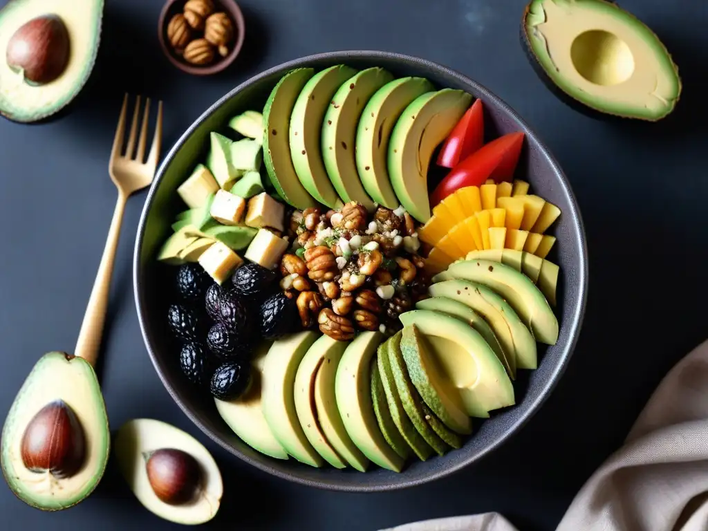 Una ensalada vibrante con grasas saludables en la cocina vegana