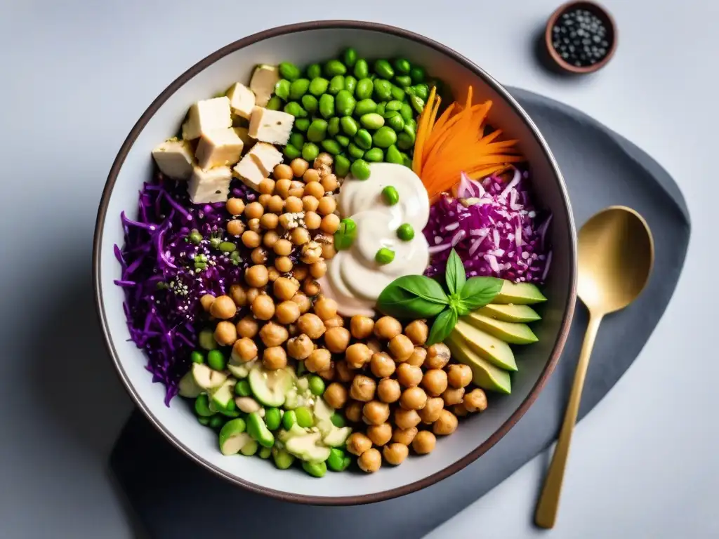 Una ensalada vibrante y moderna con proteínas invisibles en dieta vegana: quinoa, garbanzos, tofu, edamame y nueces, aderezada con tahini y flores comestibles