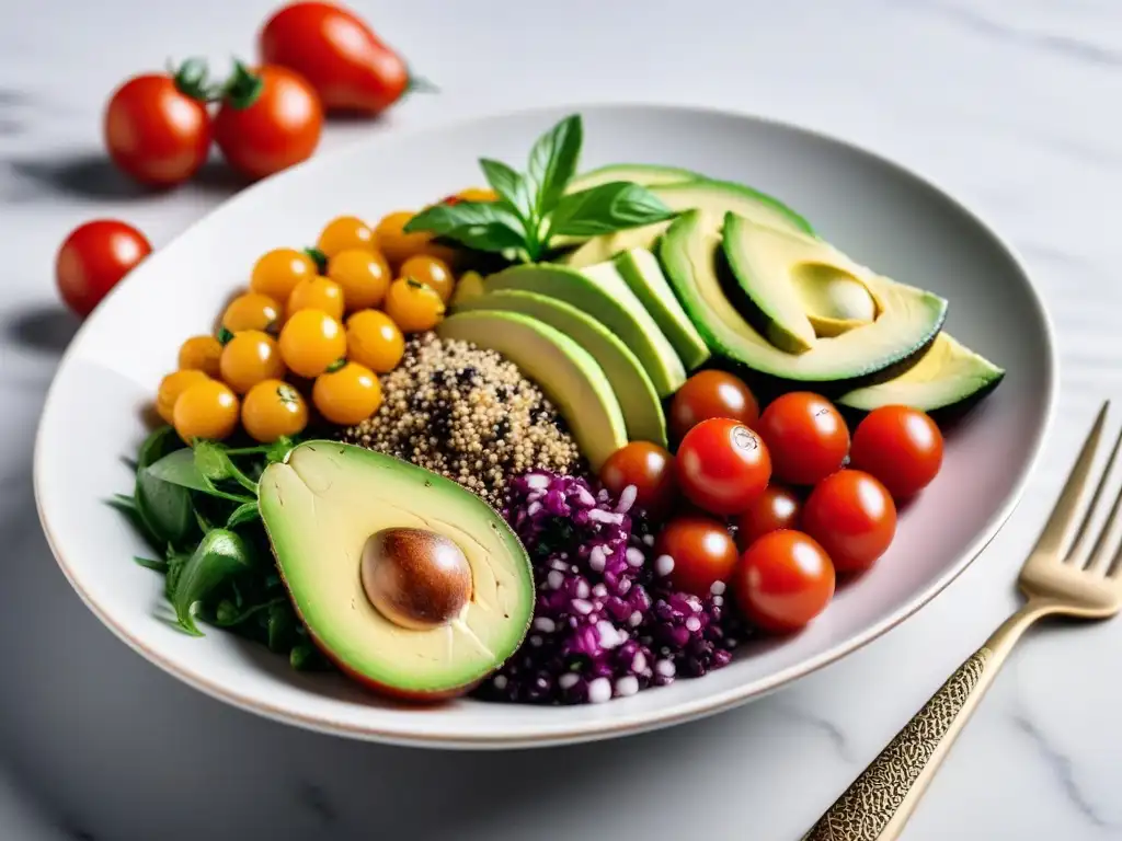 Una ensalada de quinoa vibrante y moderna con tomates cherry, aguacate, pepino, cebolla morada y cilantro, en un plato blanco sobre encimera de mármol