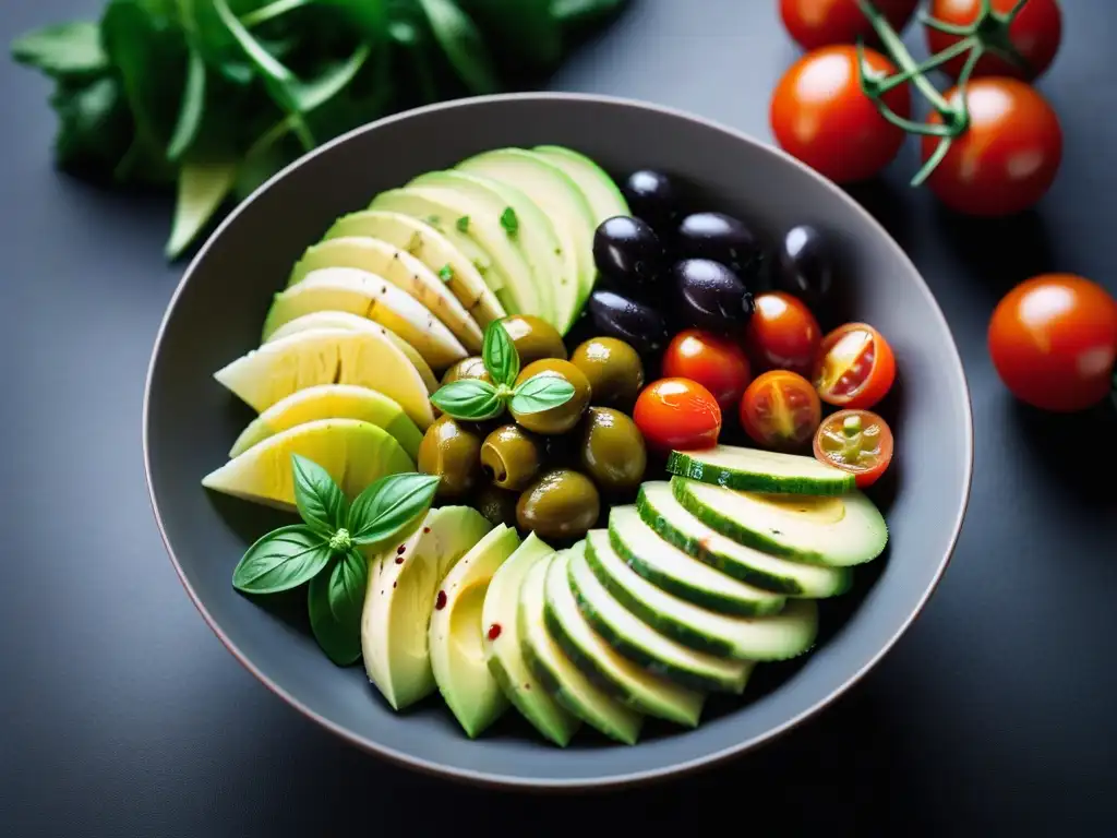 Ensaladas mediterráneas veganas deliciosas en presentación moderna y colorida, resaltando frescura y creatividad