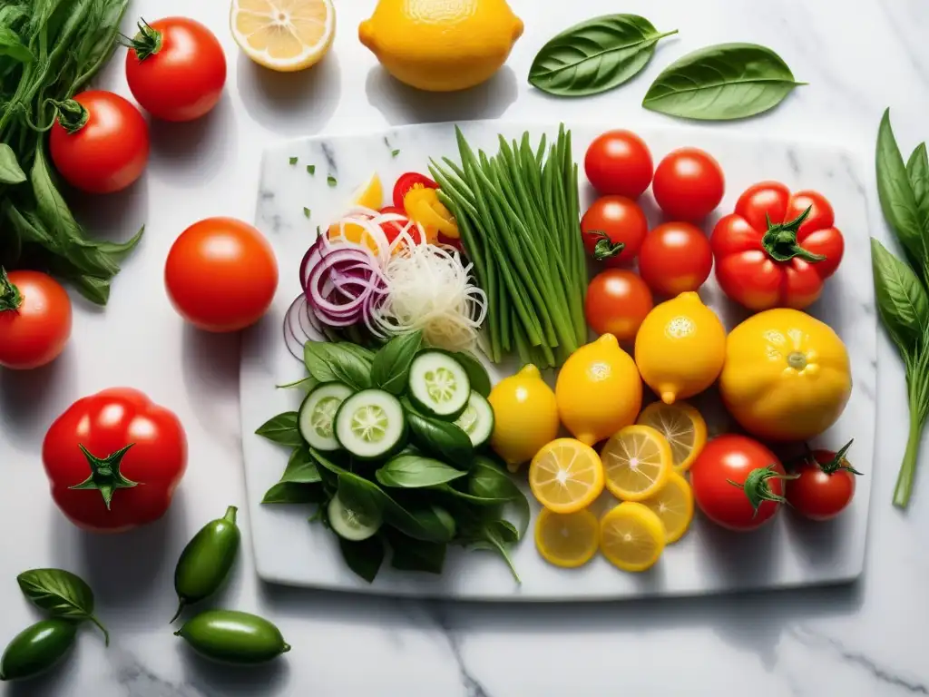 Ensaladas veganas: coloridas verduras y hierbas frescas en tabla de mármol blanco