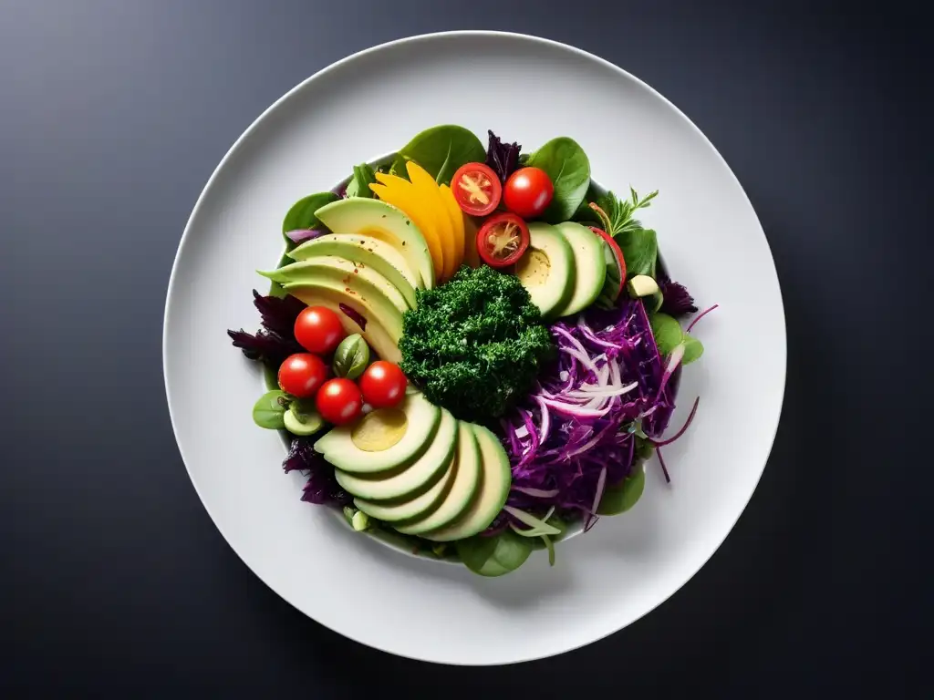 Ensaladas veganas innovadoras y deliciosas con variedad de colores y texturas en plato blanco