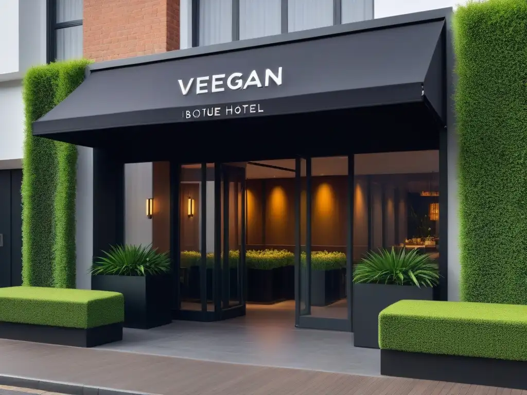 Entrada lujosa de un hotel boutique vegano con diseño moderno, grandes ventanales y letrero elegante