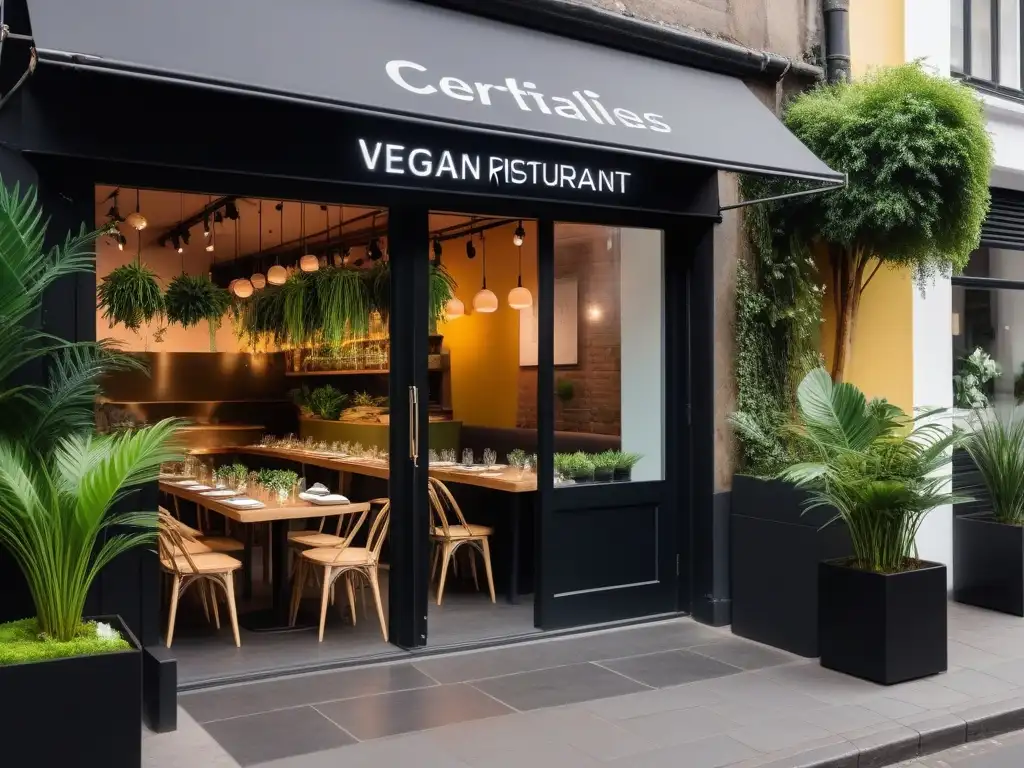 Entrada vibrante a un restaurante vegano con Certificación Vegana, clientes felices y chef preparando platillos