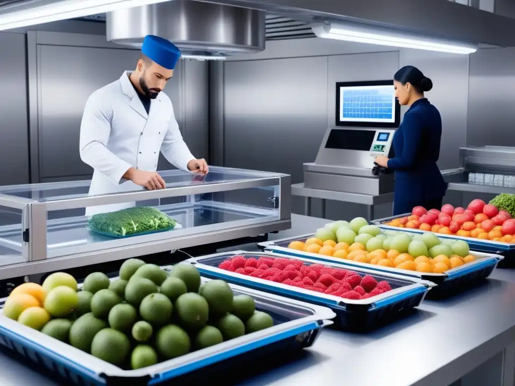 Envasado al vacío de alimentos veganos con frutas y verduras frescas y coloridas en máquinas futuristas