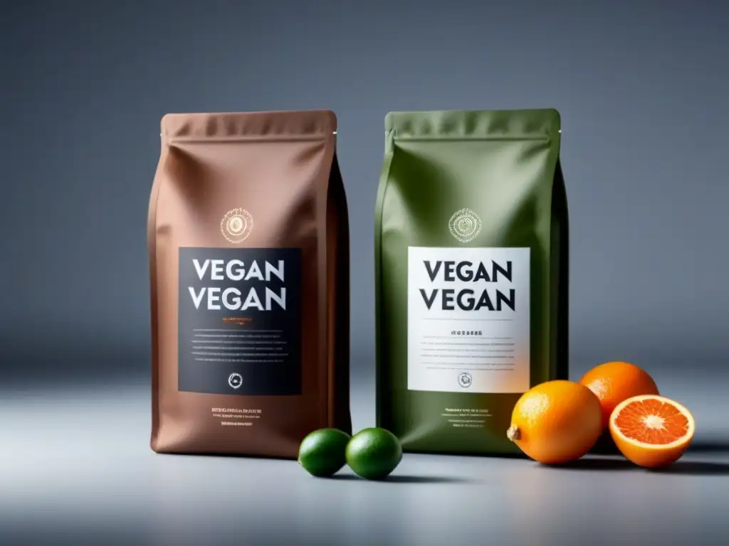 Envases sostenibles para alimentos veganos: diseño futurista y ecológico en tonos orgánicos y minimalistas