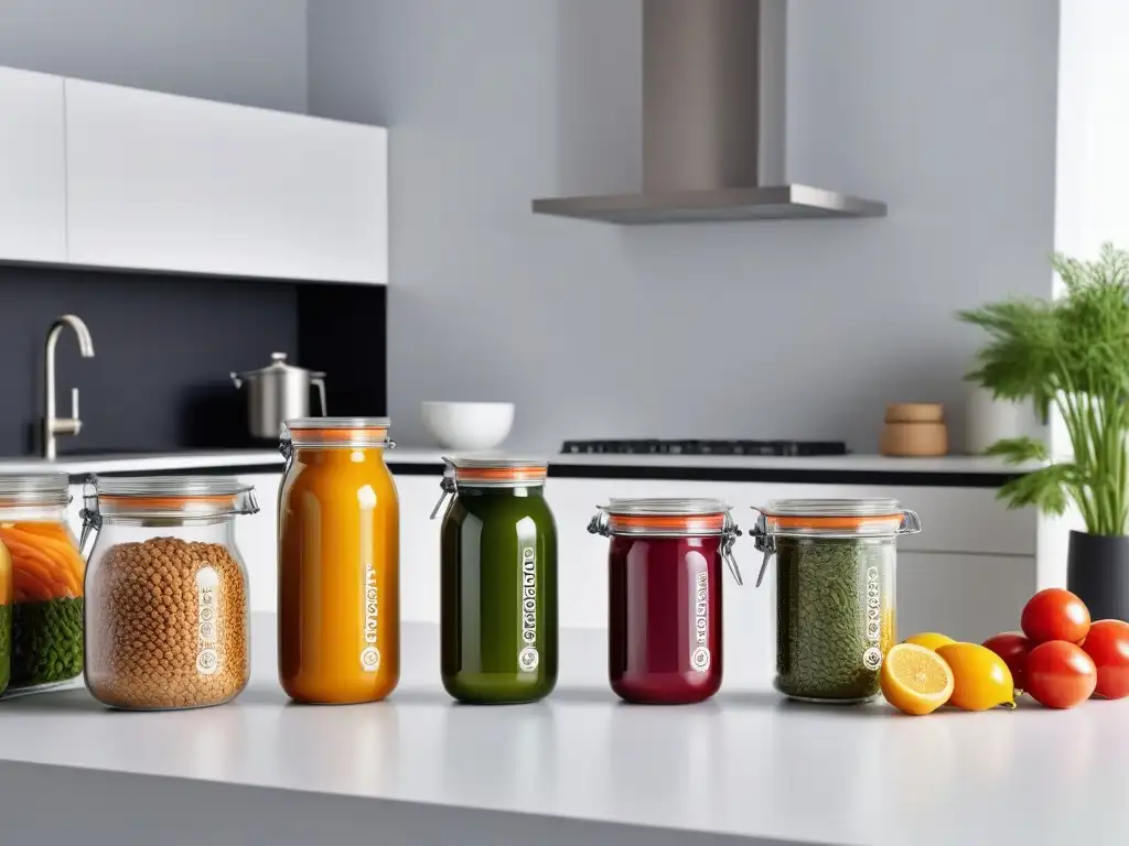 Envases veganos sostenibles en una cocina moderna, innovadora y colorida