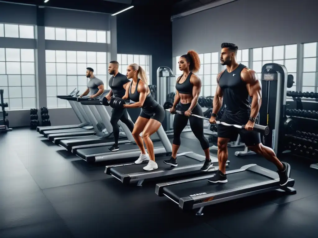 Un equipo diverso de atletas profesionales se entrena con determinación en un gimnasio moderno