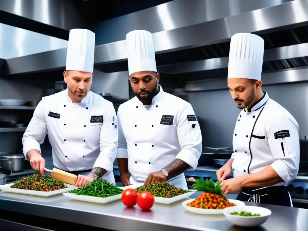 Un equipo diverso de chefs en una cocina vegana moderna preparando platos coloridos con precisión y creatividad