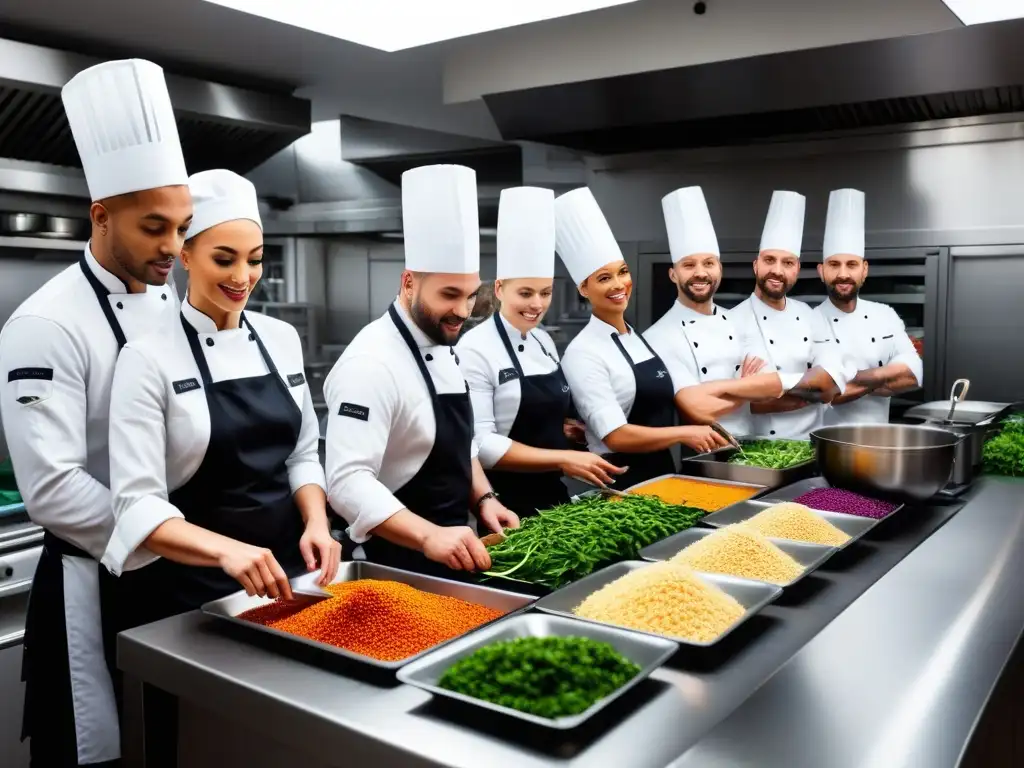 Un equipo diverso de chefs prepara innovadores platillos veganos en una cocina profesional