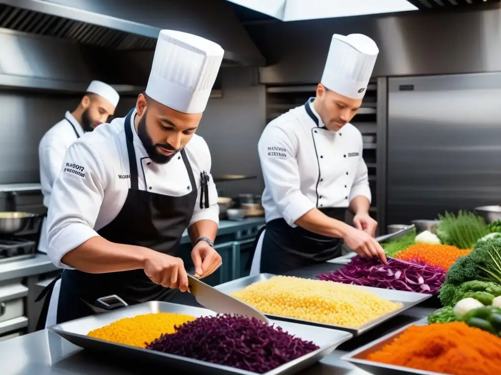 Un equipo diverso de chefs prepara platillos veganos innovadores en una cocina moderna y vibrante