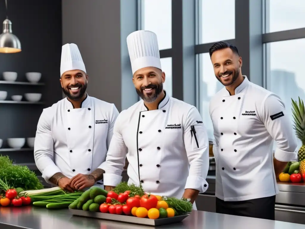 Un equipo diverso de chefs prepara platos veganos en una cocina moderna y luminosa