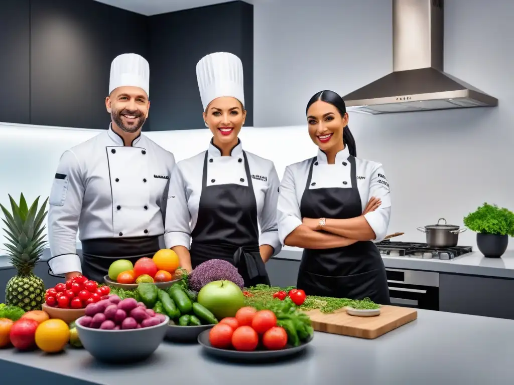 Un equipo diverso de chefs preparando platos veganos innovadores en una cocina vibrante, reflejando certificación nutrición vegana puertas