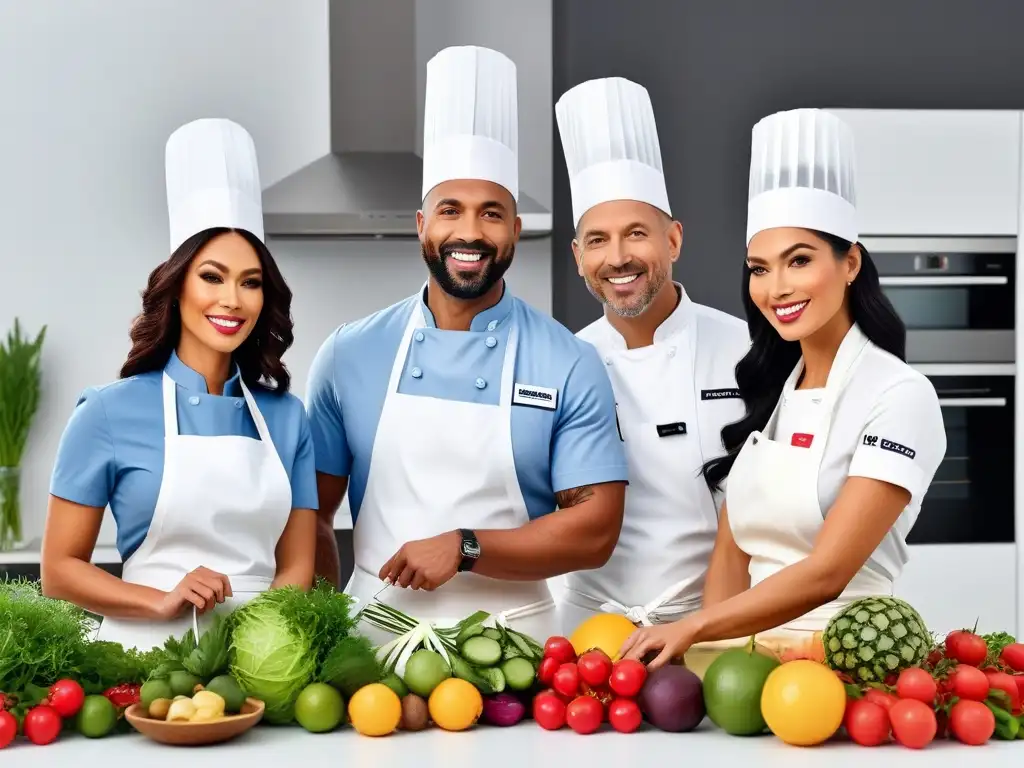 Un equipo diverso de chefs profesionales preparando platos veganos en una cocina luminosa y moderna