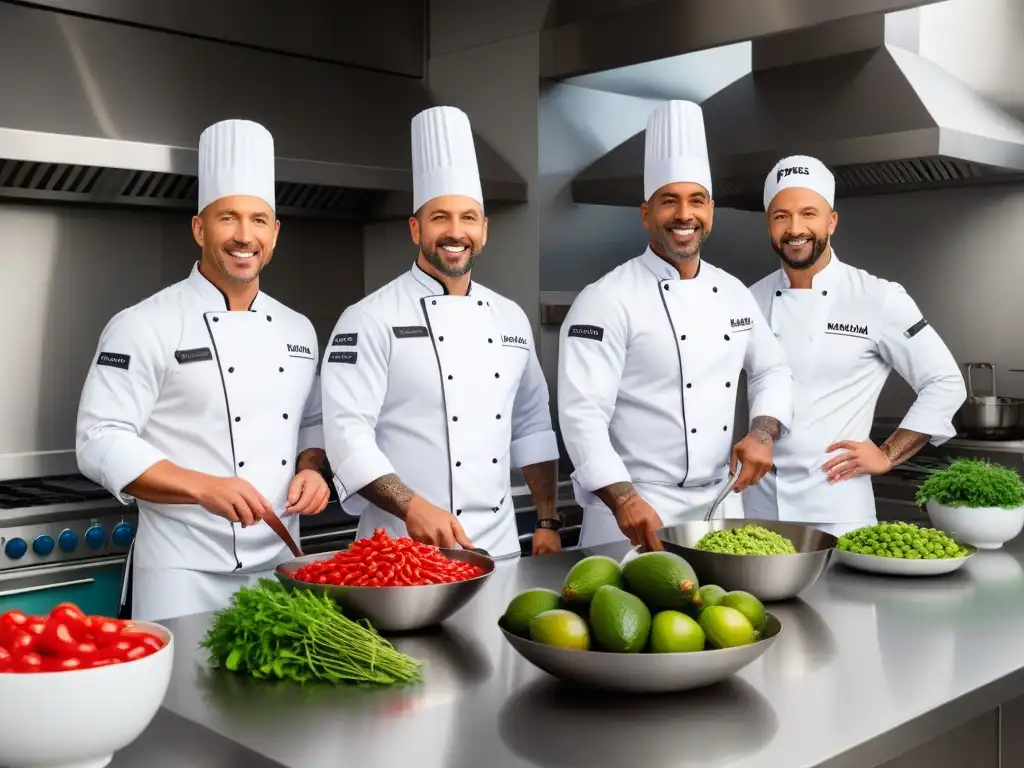 Un equipo diverso de chefs profesionales en una cocina vegana de alta tecnología