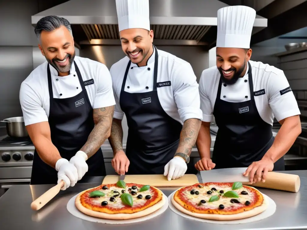 Un equipo diverso de chefs profesionales de pizza vegana sin gluten trabajando en armonía en una cocina moderna y elegante