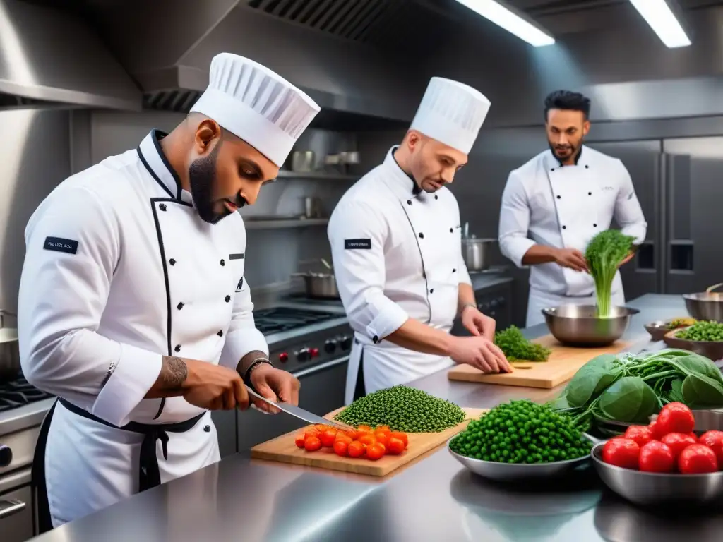 Un equipo diverso de chefs veganos en una cocina profesional, mostrando ingredientes coloridos y técnicas innovadoras