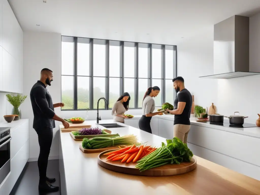 Un equipo diverso preparando una comida vegana en una cocina moderna y luminosa