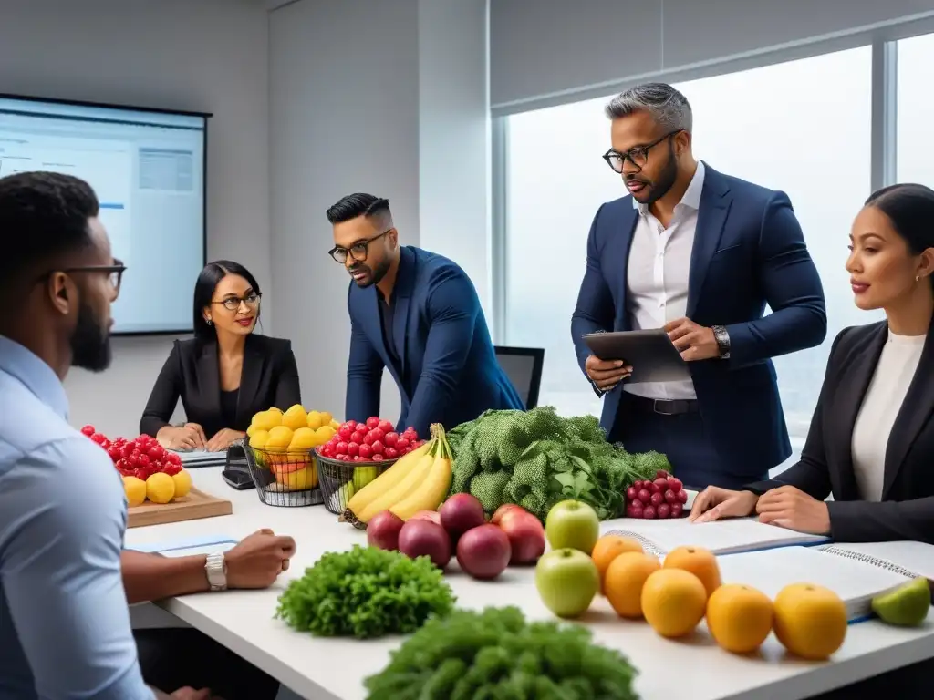 Un equipo diverso de expertos en nutrición y científicos de alimentos discuten sobre certificación de nutrición vegana rodeados de frutas y verduras coloridas, libros abiertos y laptops con gráficos detallados, en un ambiente lleno de luz natural