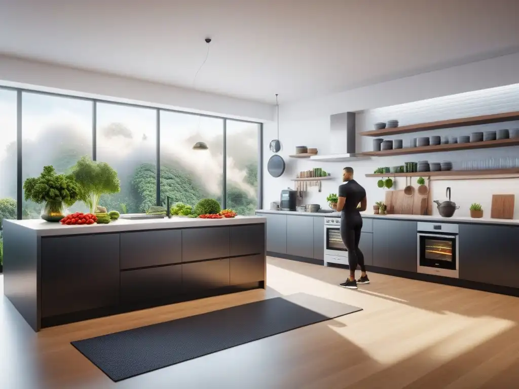 Un equipo diverso colabora en un futurista escenario de cocina, analizando alimentos veganos
