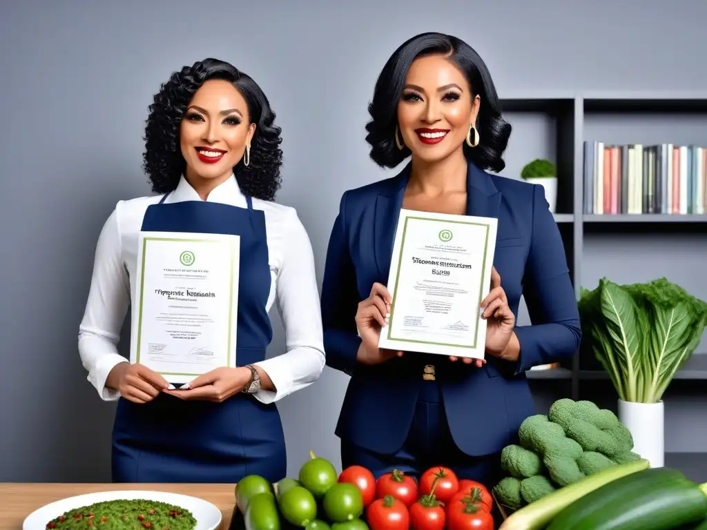 Un equipo diverso de nutricionistas veganos certificados en una oficina moderna y luminosa, con libros de cocina vegana, alimentos frescos y gráficos nutricionales