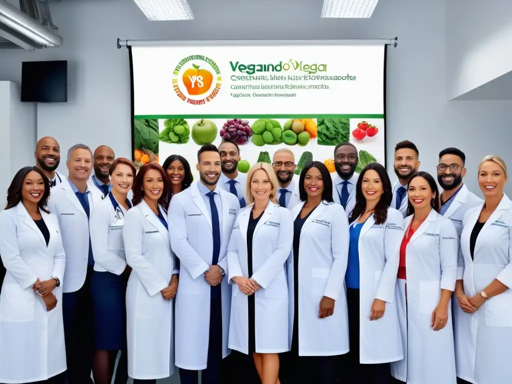 Un equipo diverso y profesional en un laboratorio nutricional, sonrientes con certificados de nutrición vegana