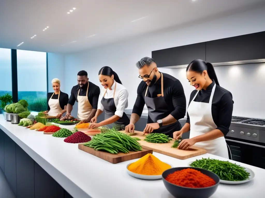 Un equipo diverso prepara recetas veganas tradicionales en una cocina moderna y profesional