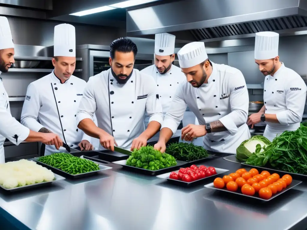 Un equipo de los mejores chefs de hoteles veganos colaborando en una cocina moderna y vibrante