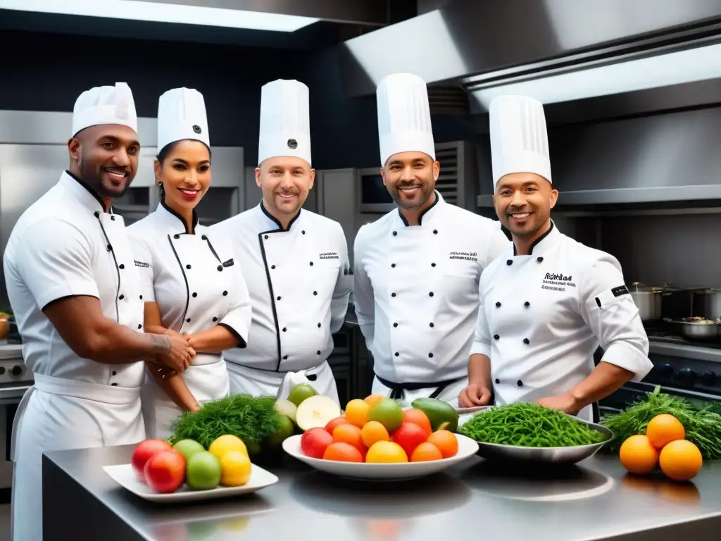 Un equipo multicultural de chefs crea en una cocina vegana internacional