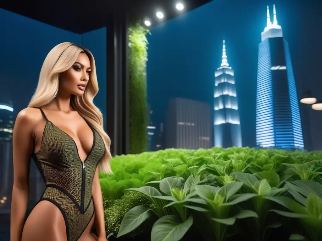 Escaparate de moda vegana tendencias globales en ciudad futurista sostenible