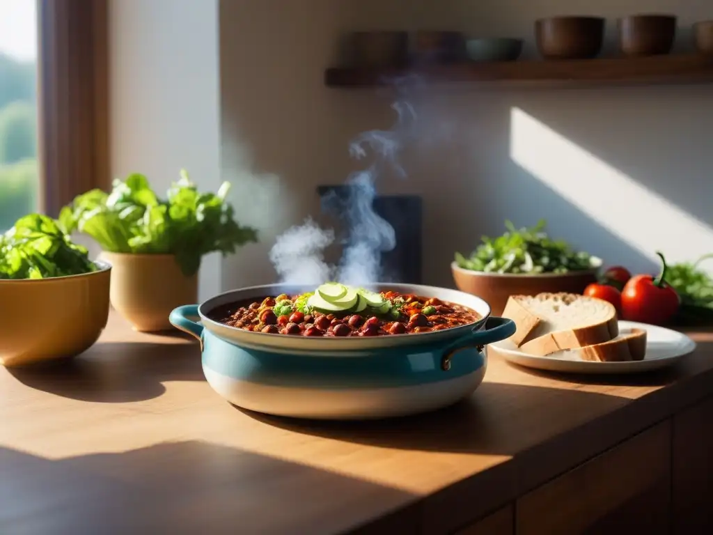 Escena acogedora de cocina con chili vegano, pan recién horneado y ensalada colorida