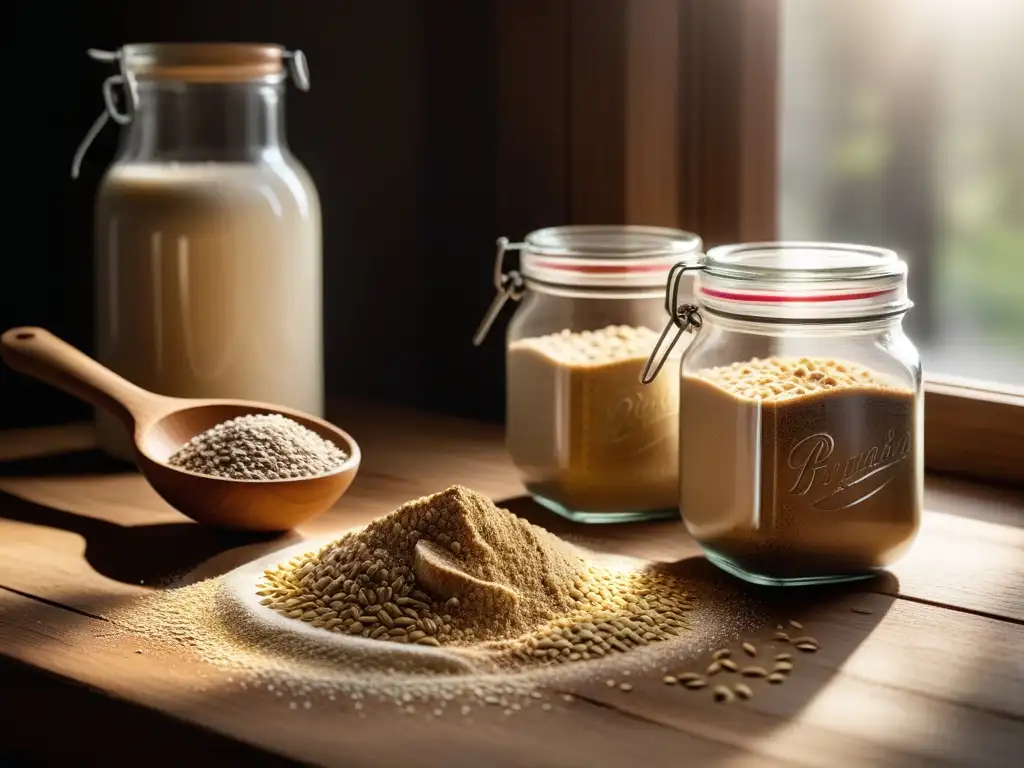 Una escena acogedora de una mesa rústica con ingredientes para una receta de pan masa madre vegano sin gluten, iluminada por la cálida luz del sol