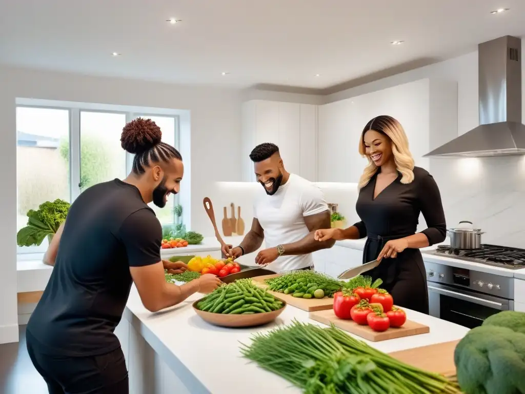 Una escena alegre y vibrante en una cocina vegana moderna, donde un grupo diverso de personas cocina juntas con ingredientes frescos