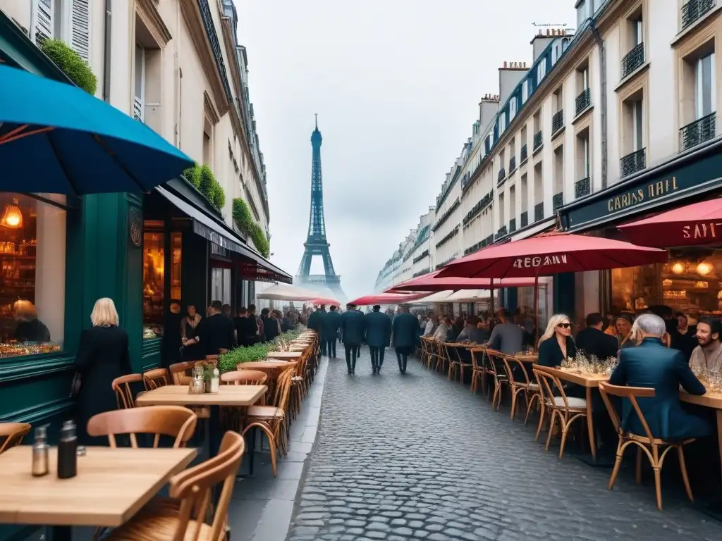 Escena vibrante de cafés veganos en París Escena animada de una bulliciosa calle parisina con vibrantes cafés y restaurantes veganos, mostrando platos coloridos servidos a clientes felices