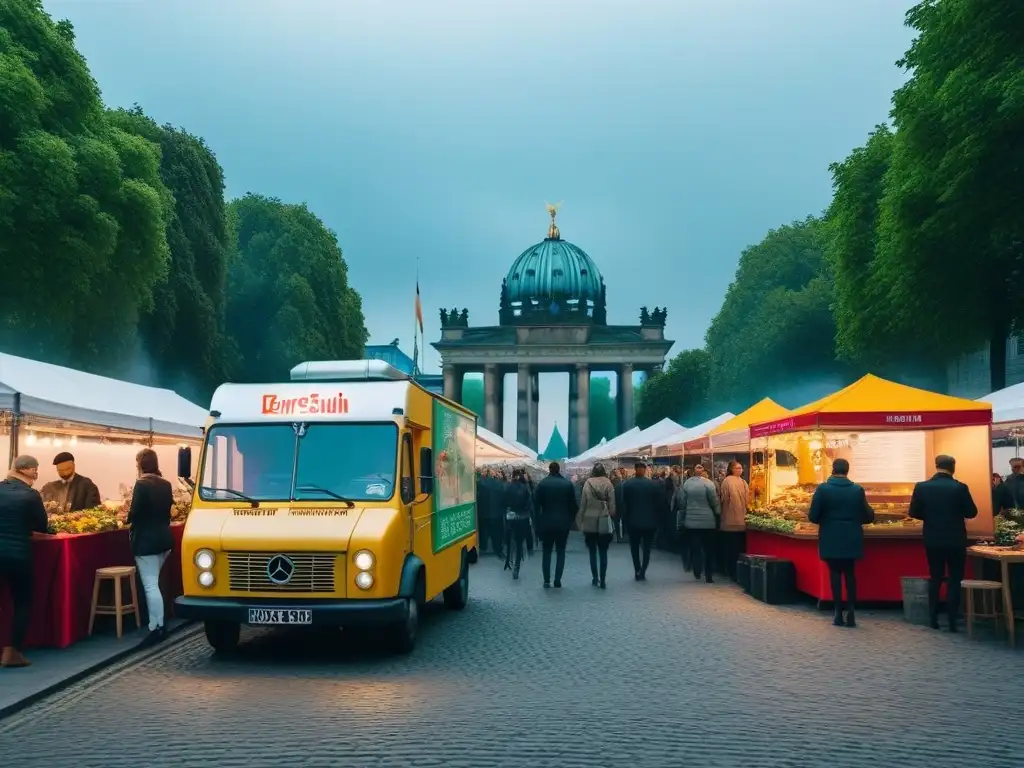 Escena animada en Berlín con camiones y puestos de comida vegana coloridos, gente disfrutando