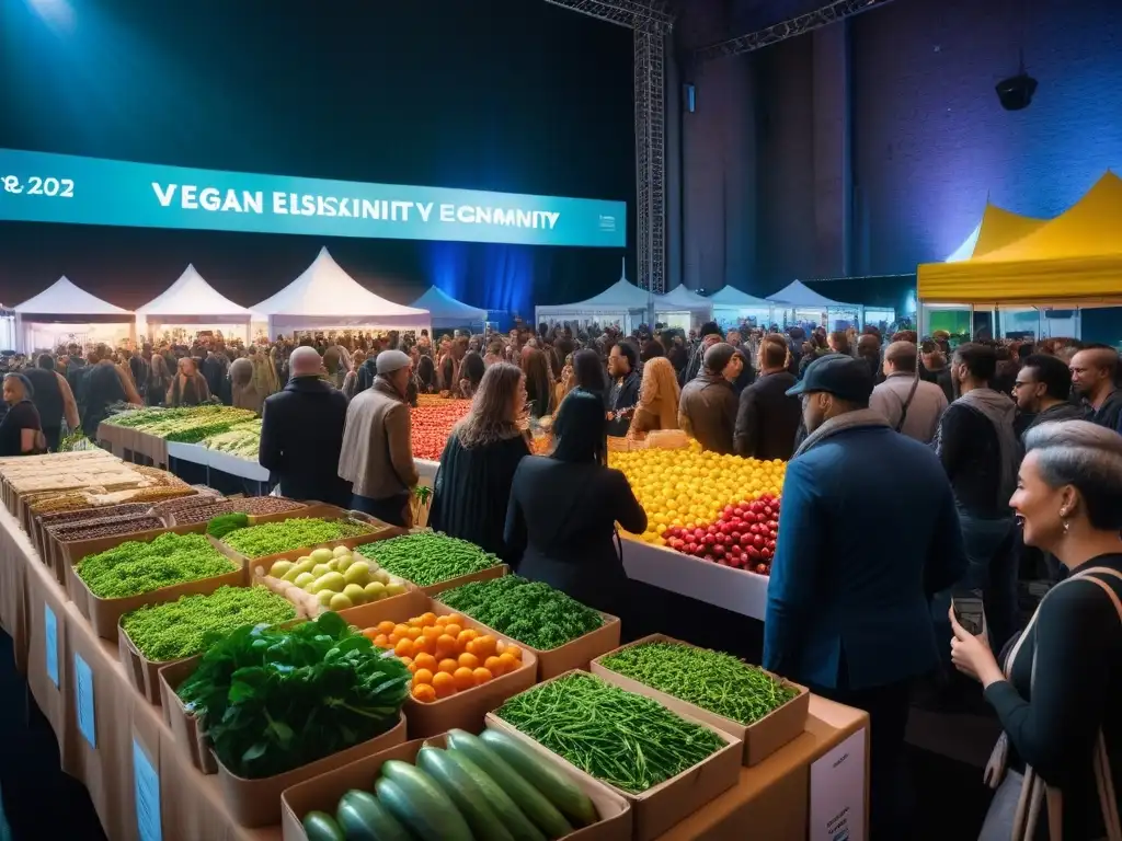 Escena animada de una feria vegana con puestos coloridos, comida vegana y talleres informativos