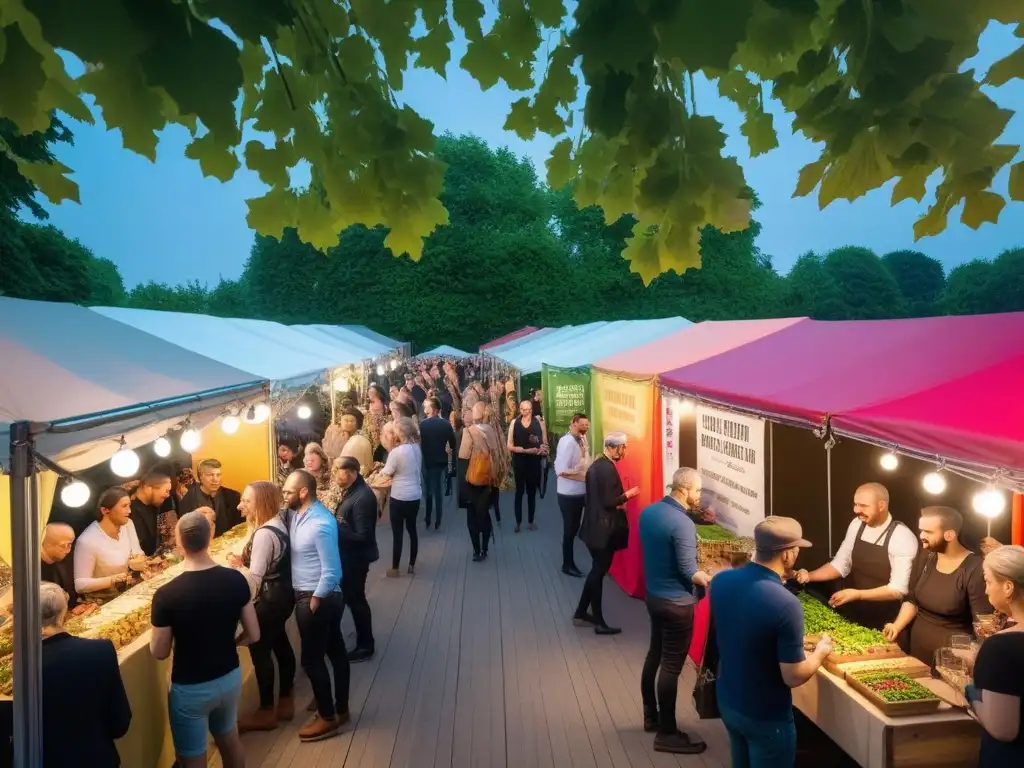 Escena animada de festival de cocina vegana en Berlín al atardecer, con comida colorida y diversa