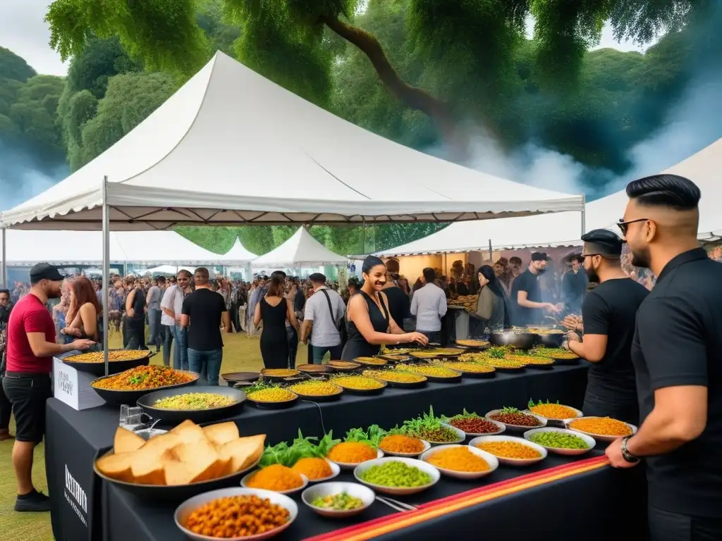 Escena animada de un festival vegano con platos coloridos de todo el mundo