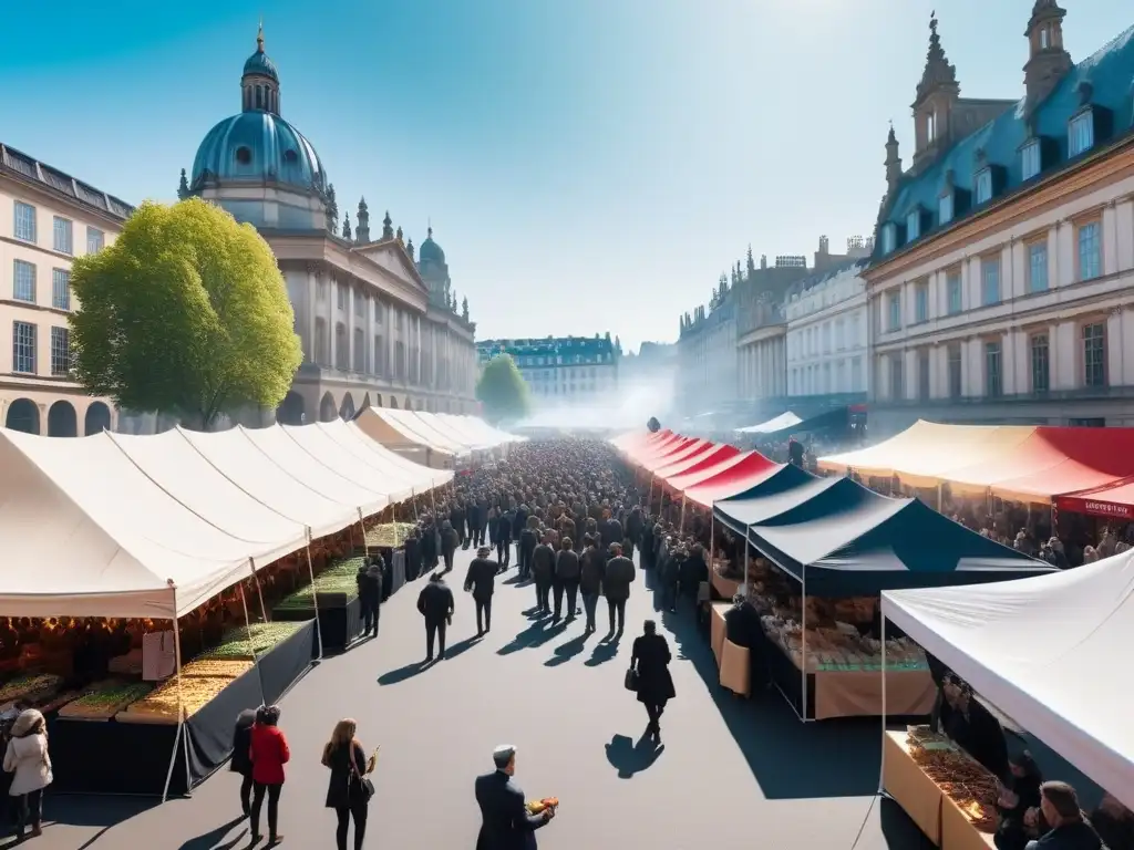 Escena animada de un festival vegano en una plaza de ciudad, con puestos de comida coloridos y multitud diversa disfrutando