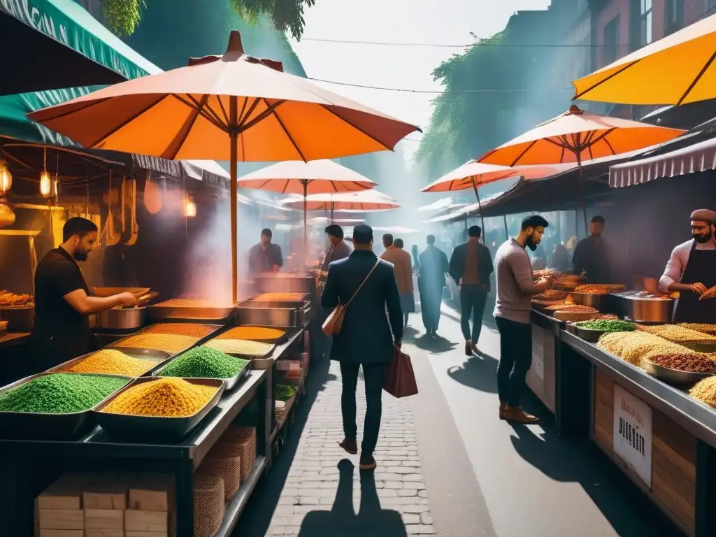 Escena animada de mercado callejero vegano con diversidad de puestos coloridos y exquisitas Recetas comida callejera vegana caseras