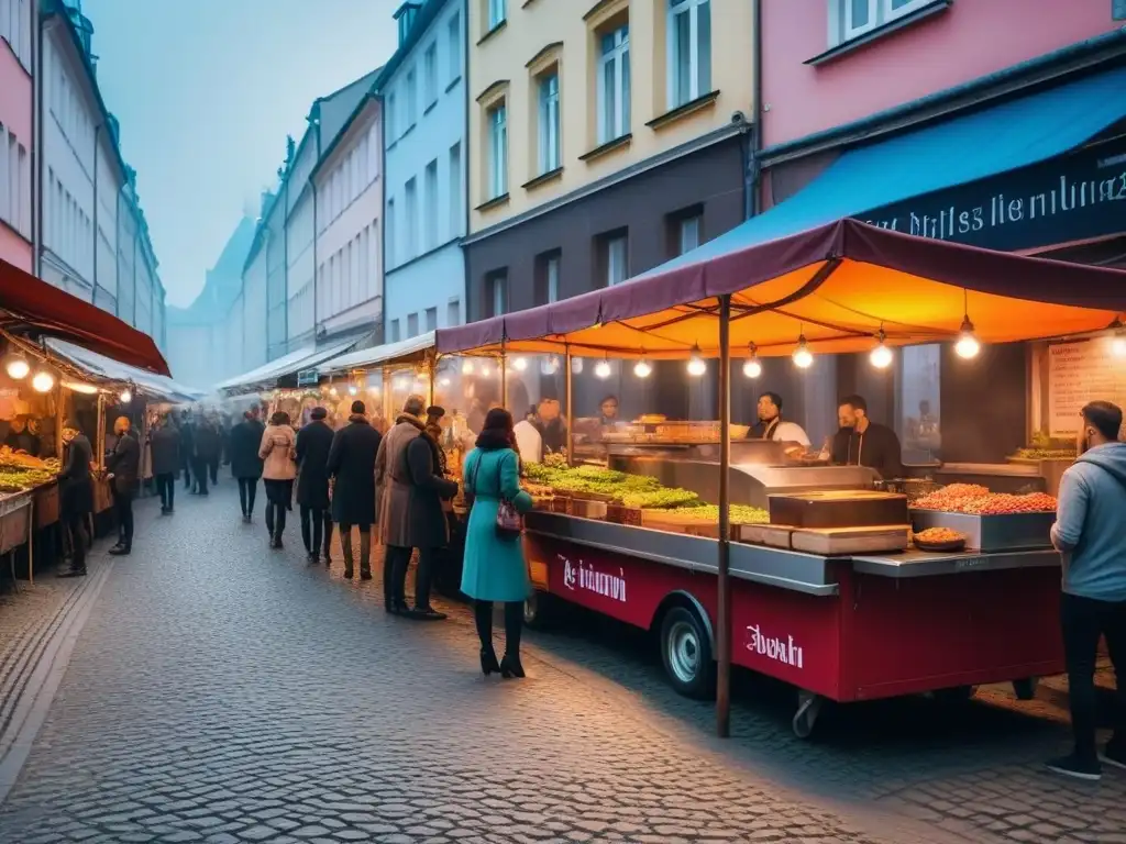 Escena animada de mercado callejero vegano en Berlín con variada cocina vegana en Berlín, rodeada de arte urbano y arquitectura moderna