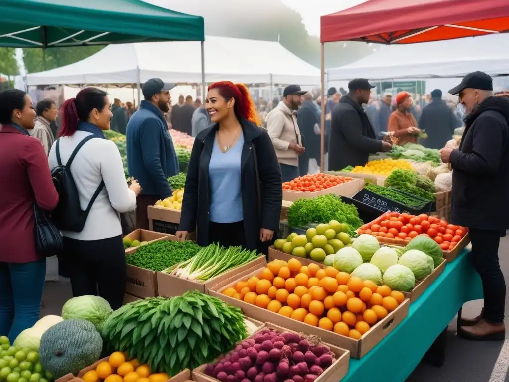 Escena animada en mercado agrícola con diversidad y productos frescos, promoviendo el crecimiento comunidad vegana local