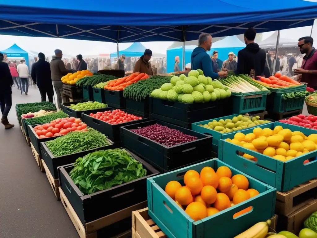 Escena animada de un mercado con frutas y verduras coloridas, resplandeciendo bajo el sol de la mañana