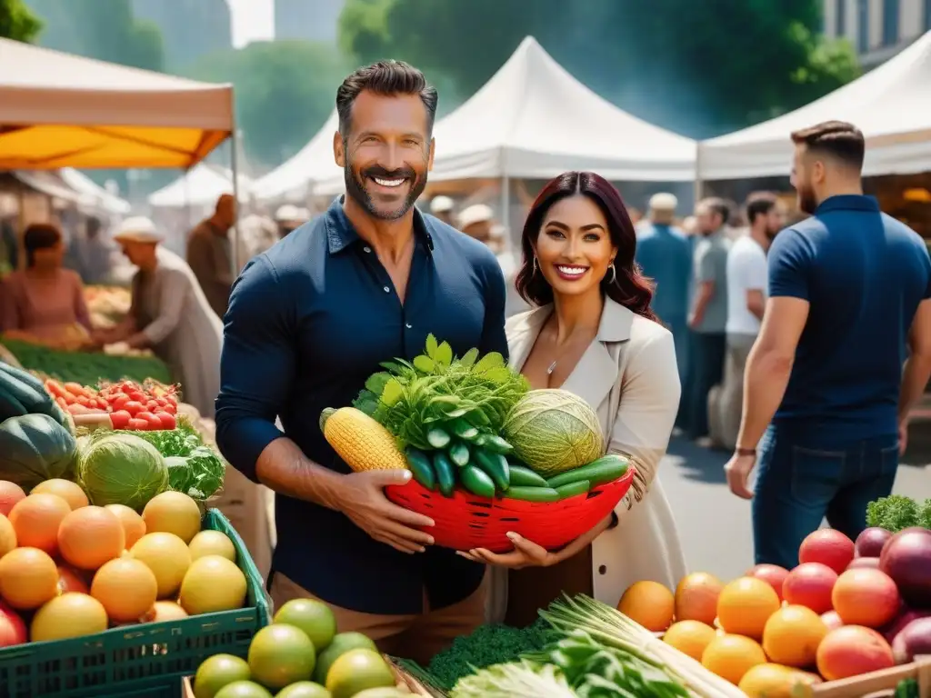 Mercado ecológico: diversidad, frescura y sonrisas Escena animada en un mercado lleno de vida con personas de todas las edades y orígenes, promoviendo el impacto del veganismo en la percepción social
