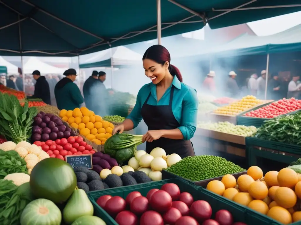 Escena animada en un mercado agrícola con productos frescos y coloridos