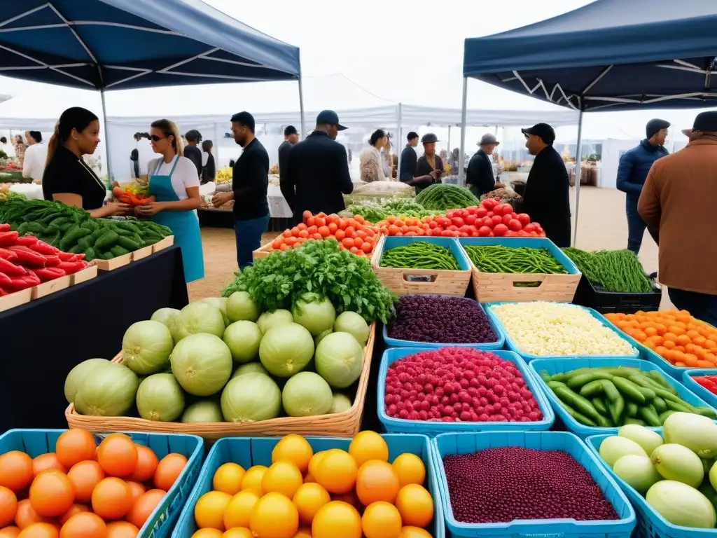 Escena animada de un mercado agrícola con variedad de vegetales y frutas orgánicas, vendedores y clientes intercambiando productos y recetas