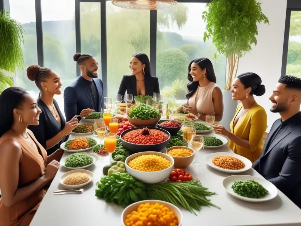 Una escena animada y moderna de diversidad en una cocina soleada, con una mesa rebosante de alimentos vegetales